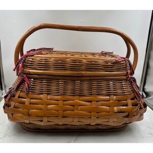 Picnic Time Highland Woven Willow Picnic Basket Red Plaid Wine Cheese Set 4